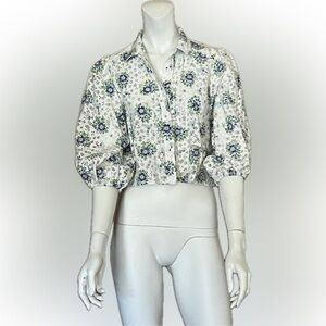 Zara Cropped Blouse + Buttons, and Boho Puffy Sleeves White Blue Green Floral XS